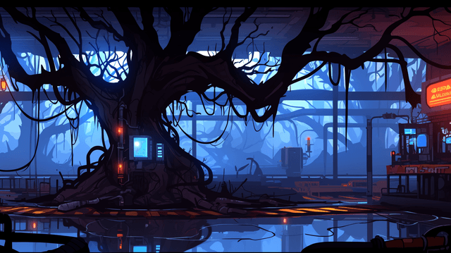 A cel-shaded anime depiction of an immense undergrou - AI-generated image created with Midjourney. Prompt: "A cel-shaded anime depiction of an immense undergrou"