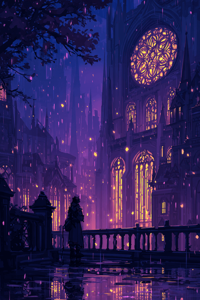 A lone enigmatic figure stands on a rain-slicked roo - AI-generated image created with Midjourney. Prompt: "A lone enigmatic figure stands on a rain-slicked roo"