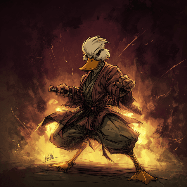 An American martial arts duck called Duck Norris - AI-generated image created with Midjourney. Prompt: "An American martial arts duck called Duck Norris"
