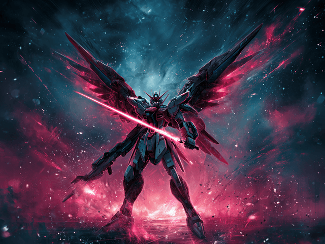 In a cosmic background a highly detailed Gundam-styl - AI-generated image created with Midjourney. Prompt: "In a cosmic background a highly detailed Gundam-styl"