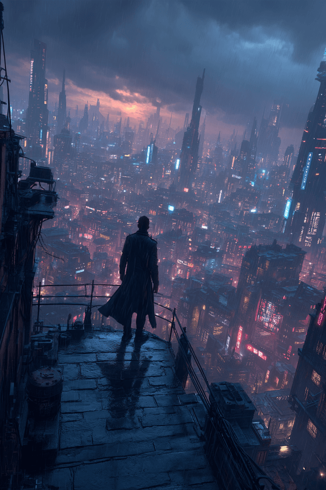 Cinematic medium shot of a man standing on a rain-sl - AI-generated image created with Midjourney. Prompt: "cinematic medium shot of a man standing on a rain-sl"