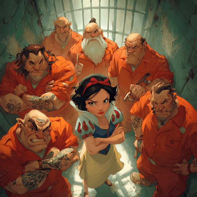Seven dwarves as inmates in a prison cell all wearin - AI-generated image created with Midjourney. Prompt: "seven dwarves as inmates in a prison cell all wearin"